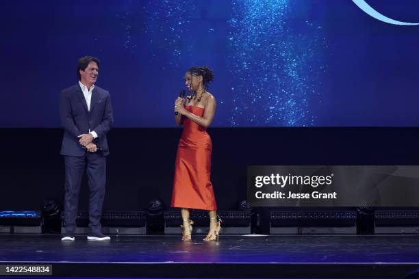 Rob Marshall and Halle Bailey speak onstage during D23 Expo 2022 at Anaheim Convention Center in Anaheim, California on September 09, 2022.