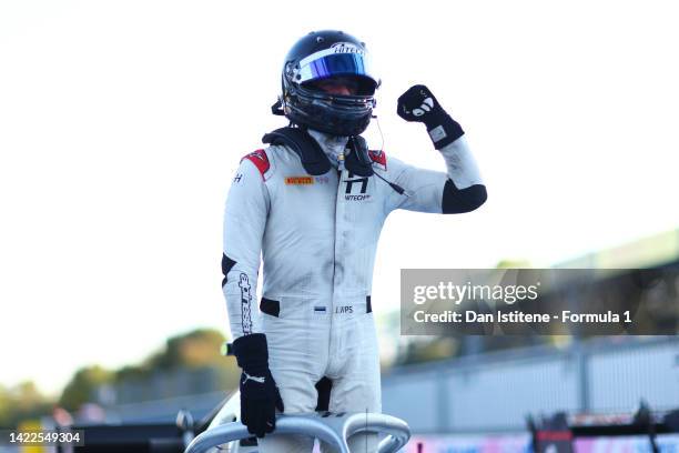 Race winner Juri Vips of Estonia and Hitech Grand Prix celebrates in parc ferme during the Round 13:Monza Sprint race of the Formula 2 Championship...