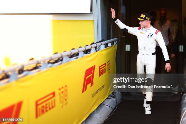 Race winner Juri Vips of Estonia and Hitech Grand Prix celebrates on the podium during the Round 13:Monza Sprint race of the Formula 2 Championship...