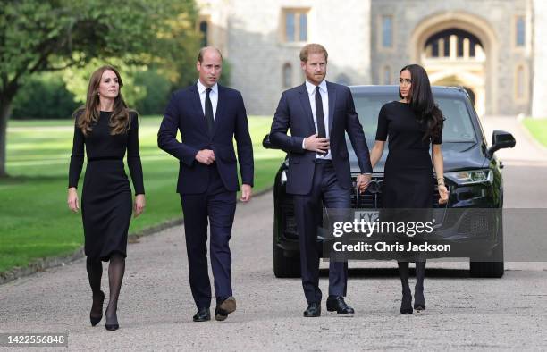 Catherine, Princess of Wales, Prince William, Prince of Wales, Prince Harry, Duke of Sussex, and Meghan, Duchess of Sussex on the long Walk at...