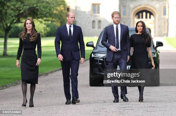 Catherine, Princess of Wales, Prince William, Prince of Wales, Prince Harry, Duke of Sussex, and Meghan, Duchess of Sussex on the long Walk at...