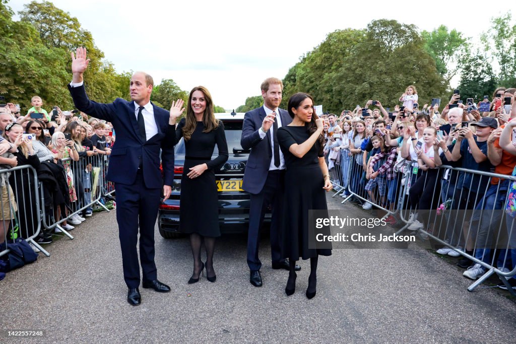 The Prince and Princess of Wales Accompanied By The Duke And Duchess Of Sussex Greet Wellwishers Outside Windsor Castle