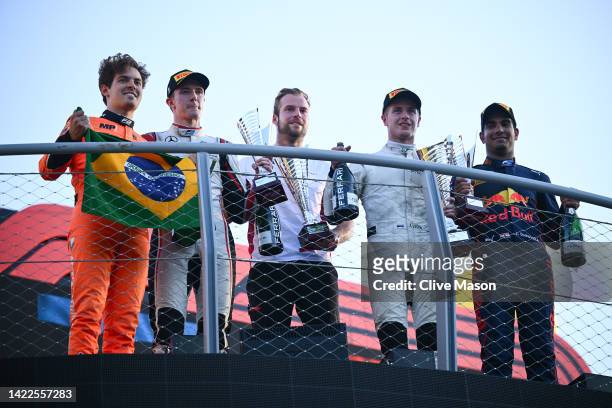 Formula 2 Champion Felipe Drugovich of Brazil and MP Motorsport , Second placed Frederik Vesti of Denmark and ART Grand Prix , Jan Sumann, Race...