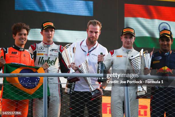 Formula 2 Champion Felipe Drugovich of Brazil and MP Motorsport , Second placed Frederik Vesti of Denmark and ART Grand Prix , Jan Sumann, Race...