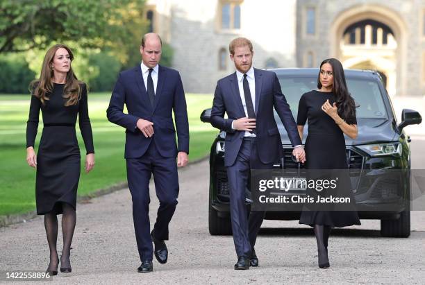 Catherine, Princess of Wales, Prince William, Prince of Wales, Prince Harry, Duke of Sussex, and Meghan, Duchess of Sussex on the long Walk at...