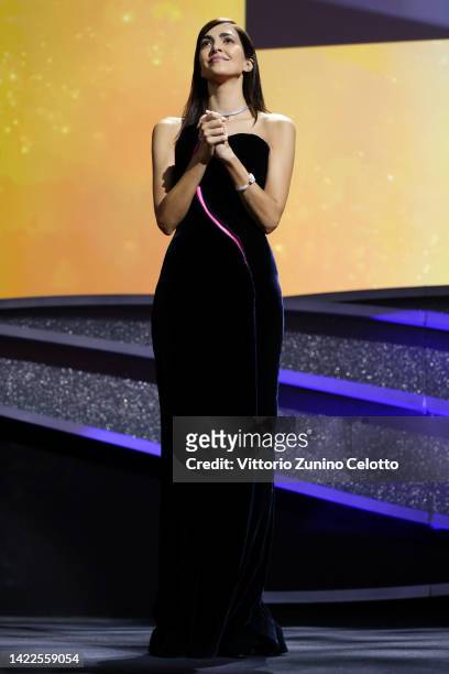 Festival hostess Rocio Munoz Morales speaks on stage during the closing ceremony of the 79th Venice International Film Festival on September 10, 2022...
