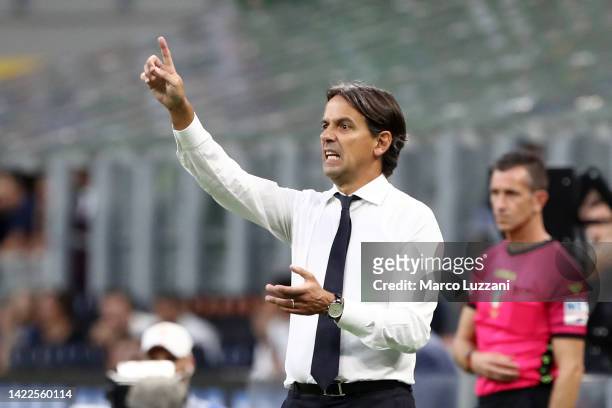 Simone Inzaghi, Head Coach of FC Internazionale reacts during the Serie A match between FC Internazionale and Torino FC at Stadio Giuseppe Meazza on...