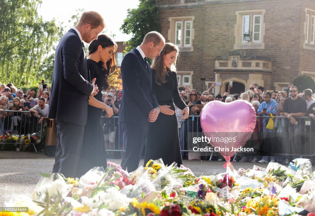 The Prince and Princess of Wales Accompanied By The Duke And Duchess Of Sussex Greet Wellwishers Outside Windsor Castle