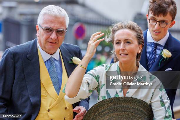 Prince Laurent of Belgium and Princess Claire arrive at the Cathedral of St. Michael and St. Gudula to attend the wedding of Princess Maria-Laura of...