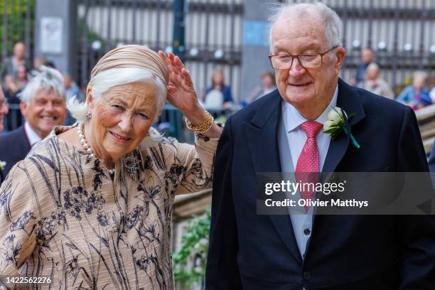 Queen Paola of Belgium and King Albert II arrive at the Cathedral of St. Michael and St. Gudula to attend the wedding of Princess Maria-Laura of...