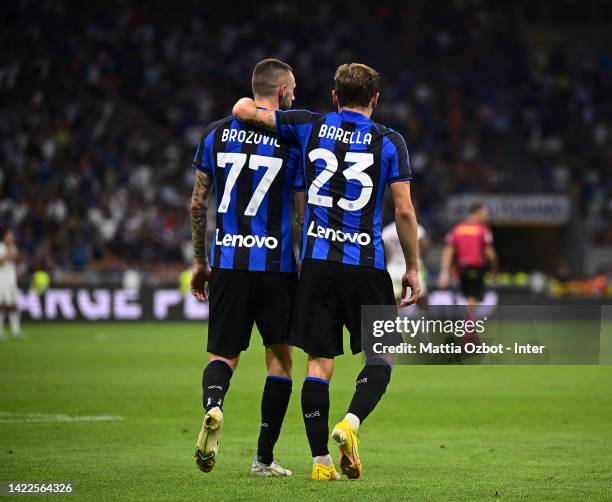 Marcelo Brozovic of FC Internazionale celebrates with teammate nicolo barella after scoring a goal during the Serie A match between FC Internazionale...