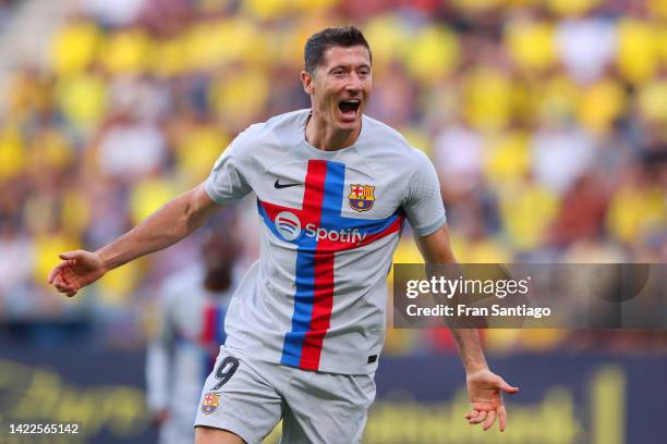 Robert Lewandowski of FC Barcelona celebrates after scoring their sides second goal during the LaLiga Santander match between Cadiz CF and FC...