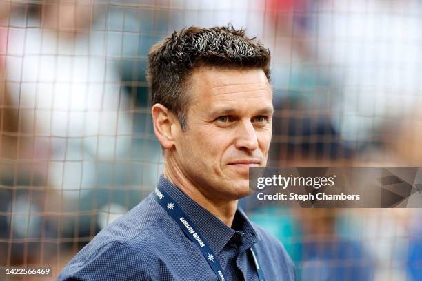 Seattle Mariners General Manager Jerry DiPoto looks on before the game against the Atlanta Braves at T-Mobile Park on September 09, 2022 in Seattle,...