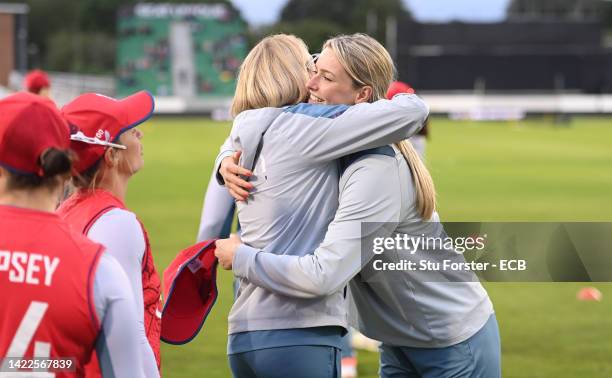 England player Lauren Bell receives a hug from coach Lisa Keightley after receiving her cap prior to the 1st Vitality IT20 match between England and...