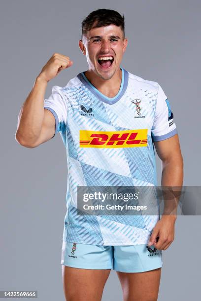 Caden Murley of Harlequins poses for a portrait during the Harlequins squad photo call for the 2022-23 Gallagher Premiership Rugby season at Surrey...