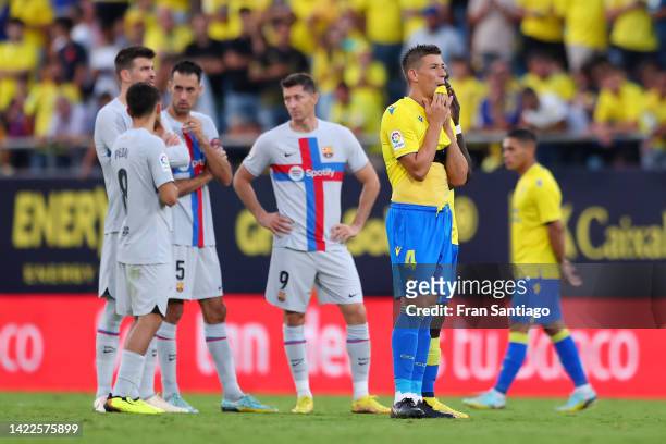 Ruben Alcaraz of Cadiz CF reacts as there is a medical emergency inside the stadium during the LaLiga Santander match between Cadiz CF and FC...