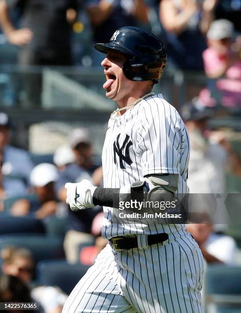 Josh Donaldson of the New York Yankees reacts after his second inning home run against the Tampa Bay Rays at Yankee Stadium on September 10, 2022 in...