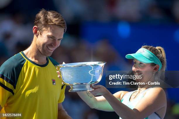 September 10: Storm Sanders and John Peers of Australia with the winner's trophy after their victory against Kirsten Flipkins of Belgium and Edouard...