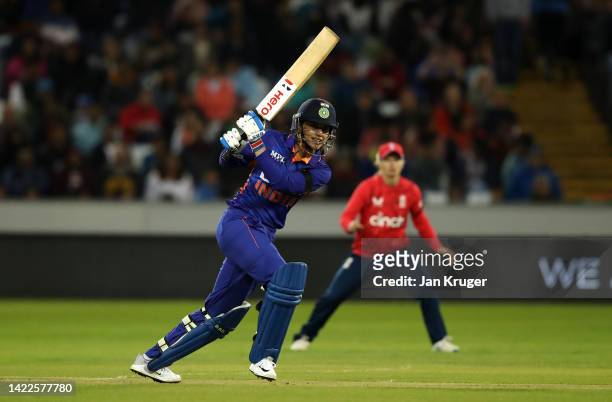 Smriti Mandhana of India bats during the 1st Vitality IT20 match between England Women v India Women at Seat Unique Riverside on September 10, 2022...