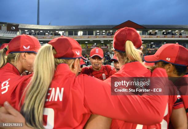 England captain Amy Jones speaks to her team in the huddle before the 1st Vitality IT20 match between England and India at Seat Unique Riverside on...