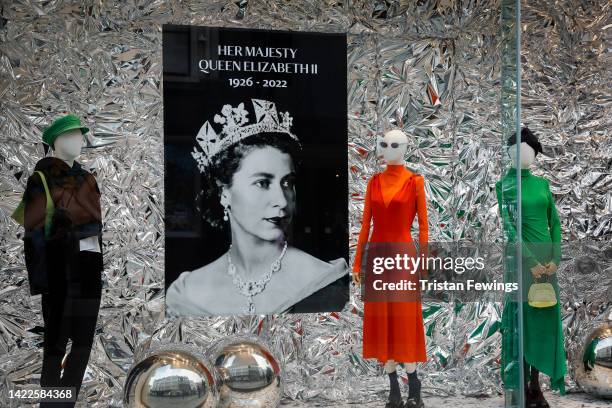 General view of shop windows along New Bond Street after the death of Queen Elizabeth II on September 10, 2022 in London, England. Elizabeth...