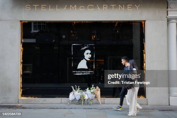 General view of the window of the Stella McCartney store on New Bond Street after the death of Queen Elizabeth II on September 10, 2022 in London,...