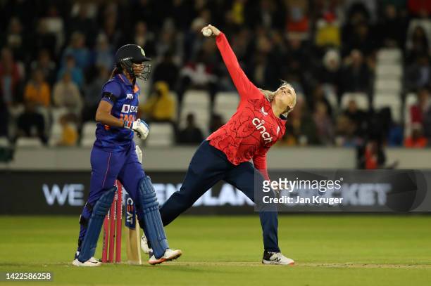 Sarah Glenn of England bowls during the 1st Vitality IT20 match between England Women v India Women at Seat Unique Riverside on September 10, 2022 in...