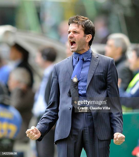 Inter Milan head coach Andrea Stramaccioni celebrates during the Serie A match between FC Internazionale Milano and Genoa CFC at Stadio Giuseppe...