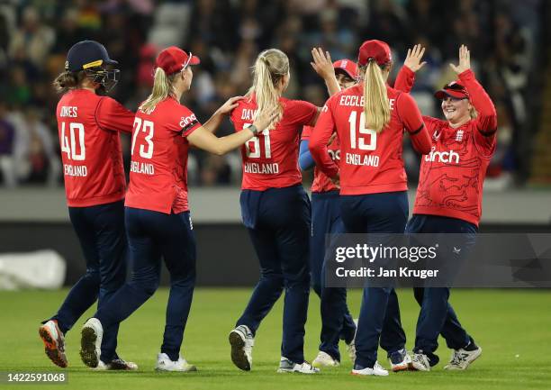 Freya Davies of England celebrates taking a wicket with team mates during the 1st Vitality IT20 match between England Women v India Women at Seat...