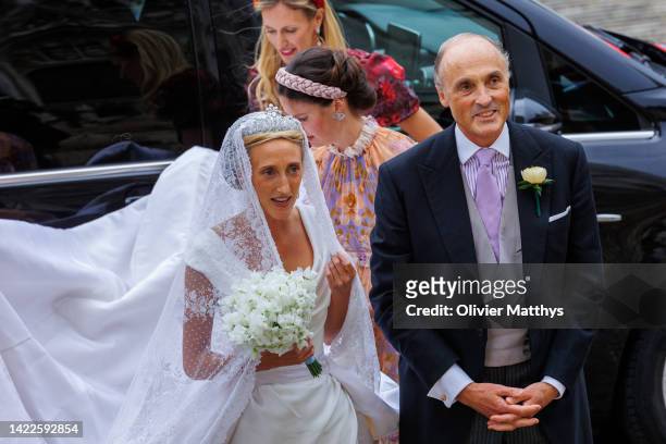 Princess Maria-Laura and her father Prince Lorenz of Belgium arrive at the Cathedral of St. Michael and St. Gudula for the wedding of Princess...