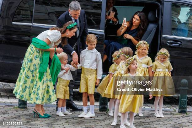 The bridesmaids arrive at the Cathedral of St. Michael and St. Gudula to attend the wedding of Princess Maria-Laura of Belgium and William Isvy on...