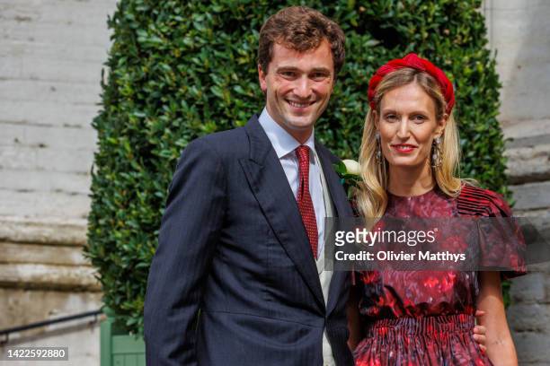 Prince Amadeo and Princess Elisabetta arrive at the Cathedral of St. Michael and St. Gudula to attend the wedding of Princess Maria-Laura of Belgium...