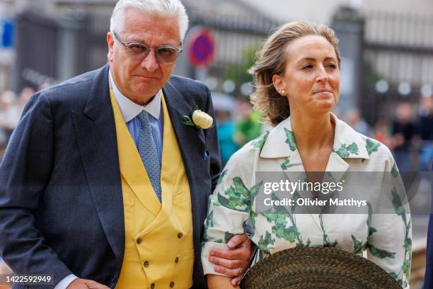 Prince Laurent of Belgium and Princess Clair arrive at the Cathedral of St. Michael and St. Gudula to attend the wedding of Princess Maria-Laura of...