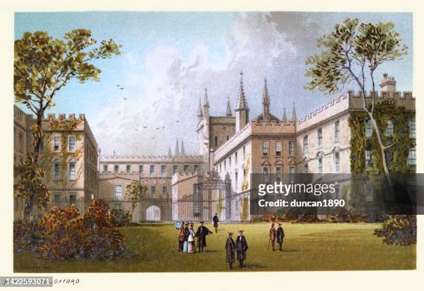 new college, oxford, england, history english architecture, historic landmarks, 19th century - oxford england stock illustrations
