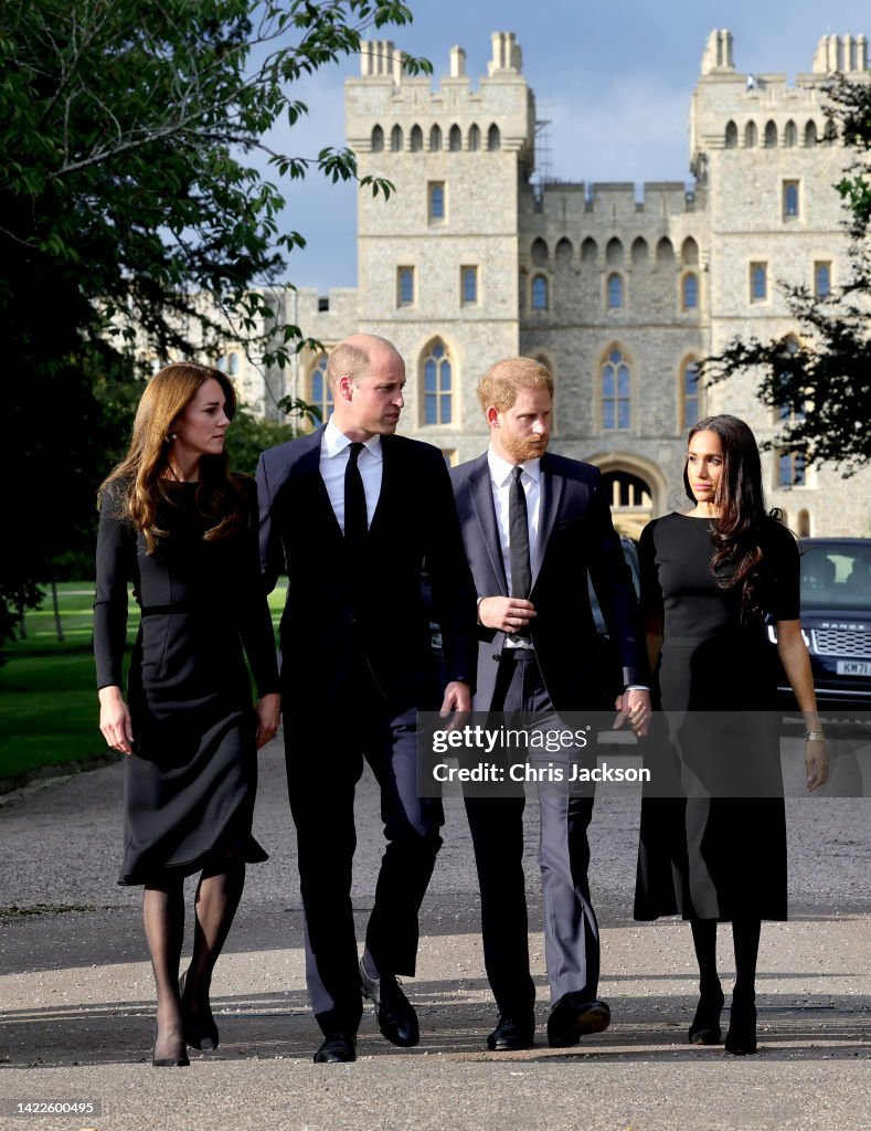 The Prince and Princess of Wales Accompanied By The Duke And Duchess Of Sussex Greet Wellwishers Outside Windsor Castle