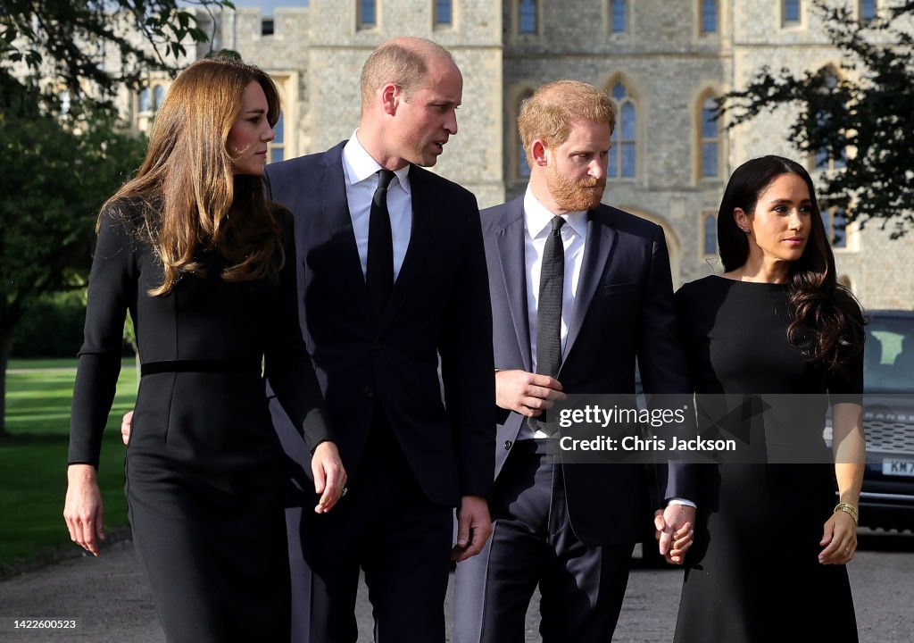 The Prince and Princess of Wales Accompanied By The Duke And Duchess Of Sussex Greet Wellwishers Outside Windsor Castle