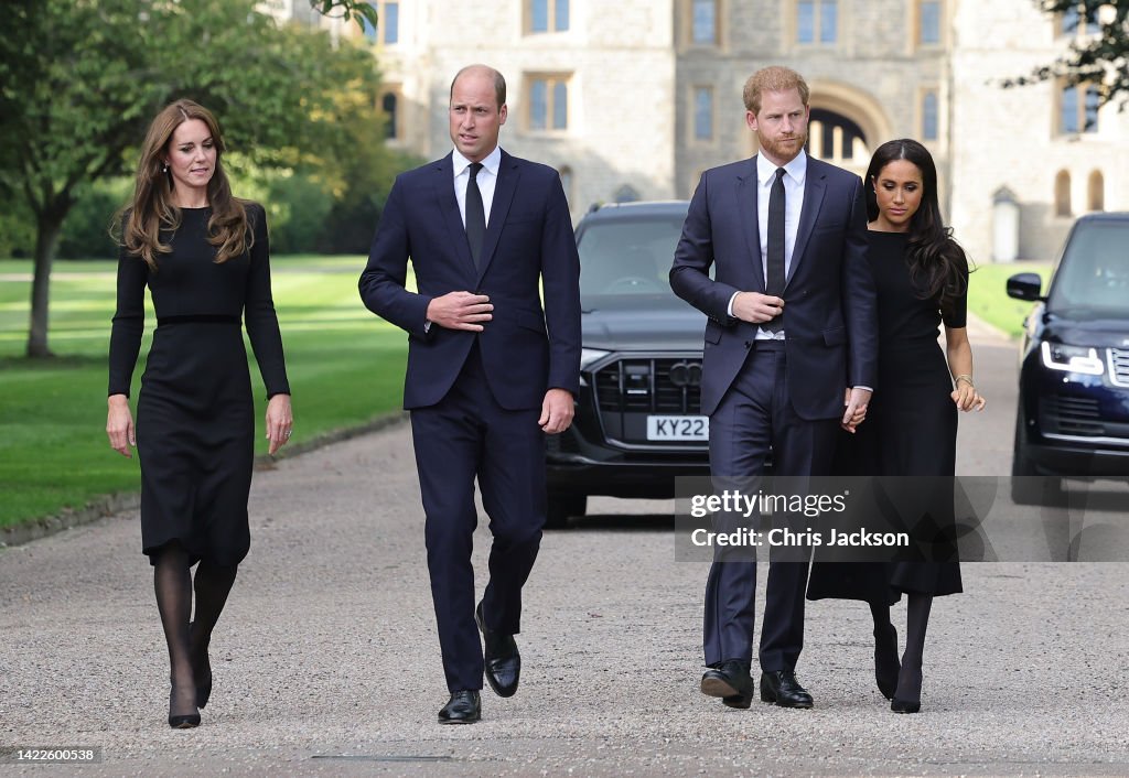 The Prince and Princess of Wales Accompanied By The Duke And Duchess Of Sussex Greet Wellwishers Outside Windsor Castle