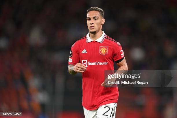 Antony of Manchester United in action during the UEFA Europa League group E match between Manchester United and Real Sociedad at Old Trafford on...