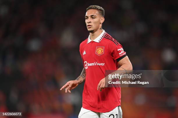 Antony of Manchester United in action during the UEFA Europa League group E match between Manchester United and Real Sociedad at Old Trafford on...