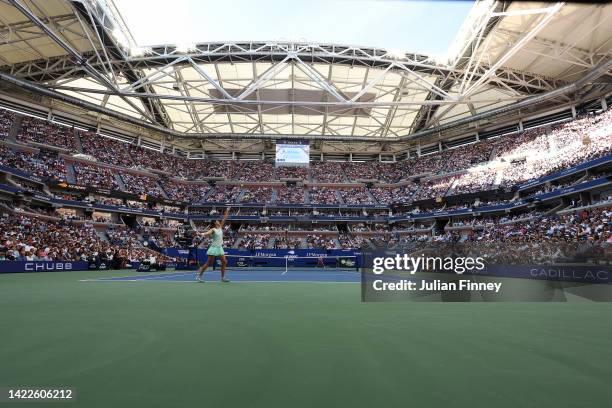 General view as Iga Swiatek of Poland serves against Ons Jabeur of Tunisia during their Women’s Singles Final match on Day Thirteen of the 2022 US...