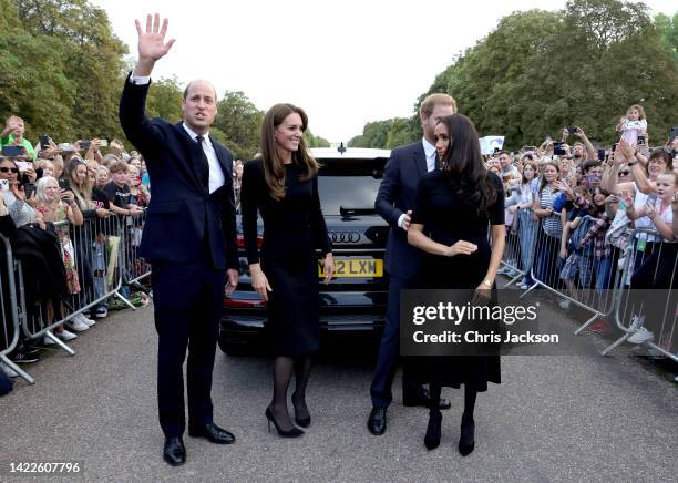 Catherine, Princess of Wales, Prince William, Prince of Wales, Prince Harry, Duke of Sussex, and Meghan, Duchess of Sussex on the long Walk at...