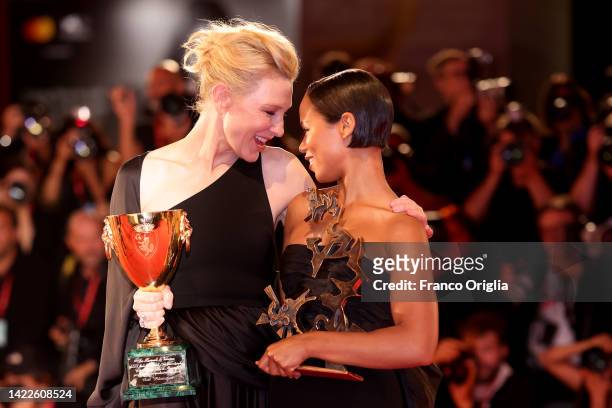 Cate Blanchett and Taylor Russell pose with the Coppa Volpi for Best Actress for "Tar" and the Marcello Mastroianni Award for Best New Young Actress...