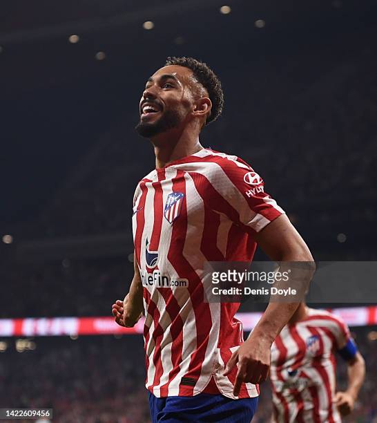Matheus Cunha of Atletico de Madrid celebrates after scoring their team's 4th goal during the LaLiga Santander match between Atletico de Madrid and...