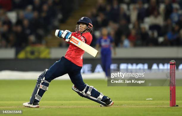 Sophia Dunkley of England bats during the 1st Vitality IT20 match between England Women v India Women at Seat Unique Riverside on September 10, 2022...