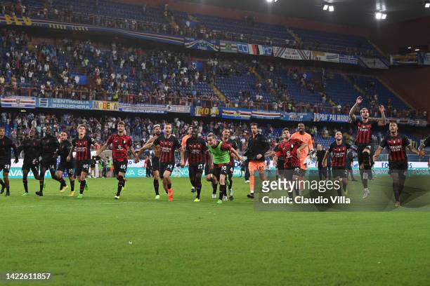 Players of AC Milan celebrates the win at the end of the Serie A match between UC Sampdoria and AC MIlan at Stadio Luigi Ferraris on September 10,...