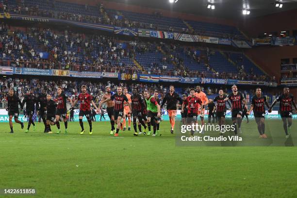 Players of AC Milan celebrates the win at the end of the Serie A match between UC Sampdoria and AC MIlan at Stadio Luigi Ferraris on September 10,...