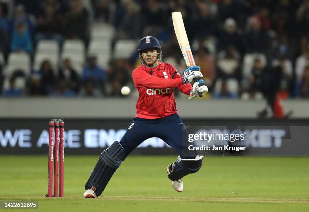 Sophia Dunkley of England bats during the 1st Vitality IT20 match between England Women v India Women at Seat Unique Riverside on September 10, 2022...