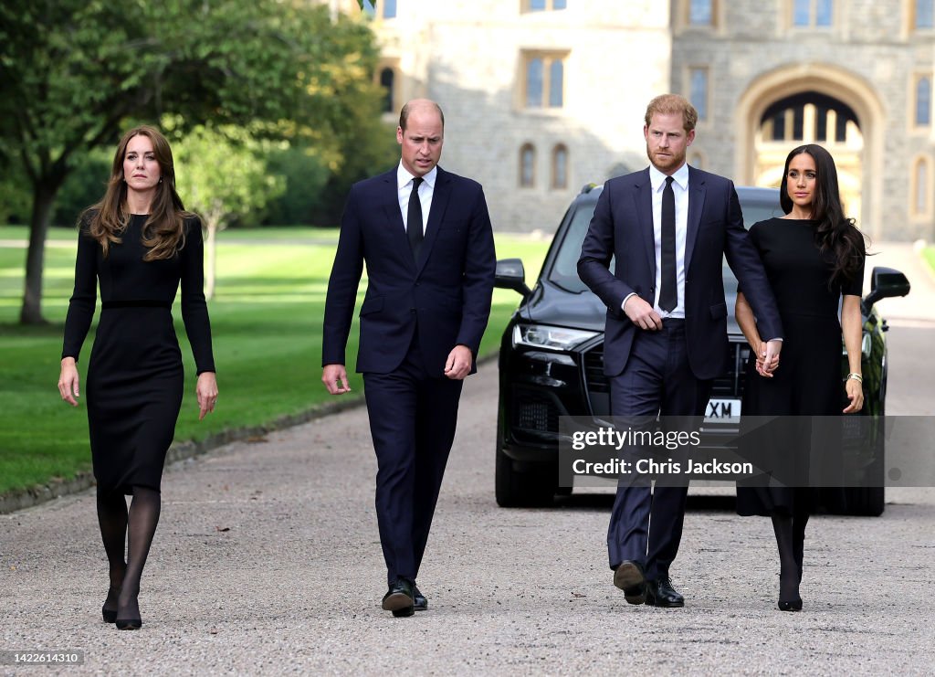 The Prince and Princess of Wales Accompanied By The Duke And Duchess Of Sussex Greet Wellwishers Outside Windsor Castle