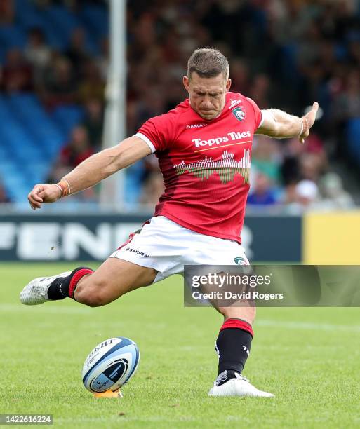 Jimmy Gopperth of Leicester Tigers kicks a conversion during the Gallagher Premiership Rugby match between Exeter Chiefs and Leicester Tigers at...