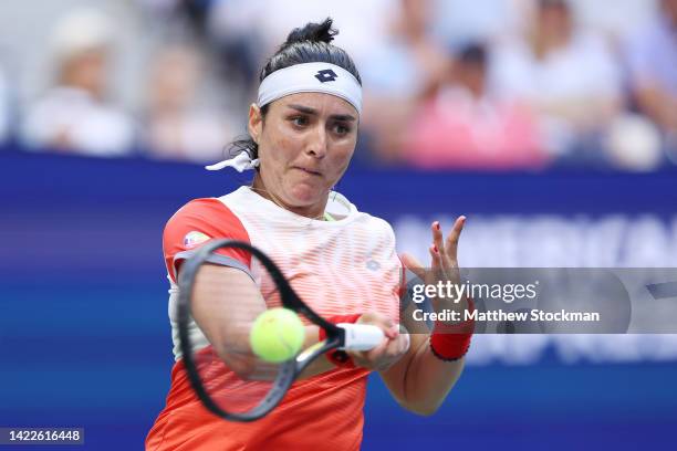 Ons Jabeur of Tunisia returns a shot against Iga Swiatek of Poland during their Women’s Singles Final match on Day Thirteen of the 2022 US Open at...